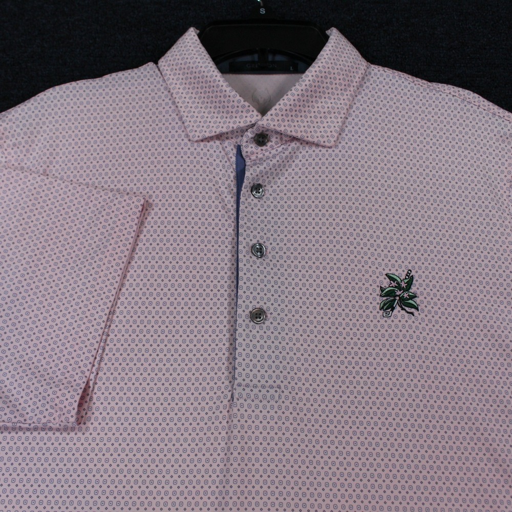 Greyson Golf Polo Mens Large Pink Navy Geometric Micro Print Performance